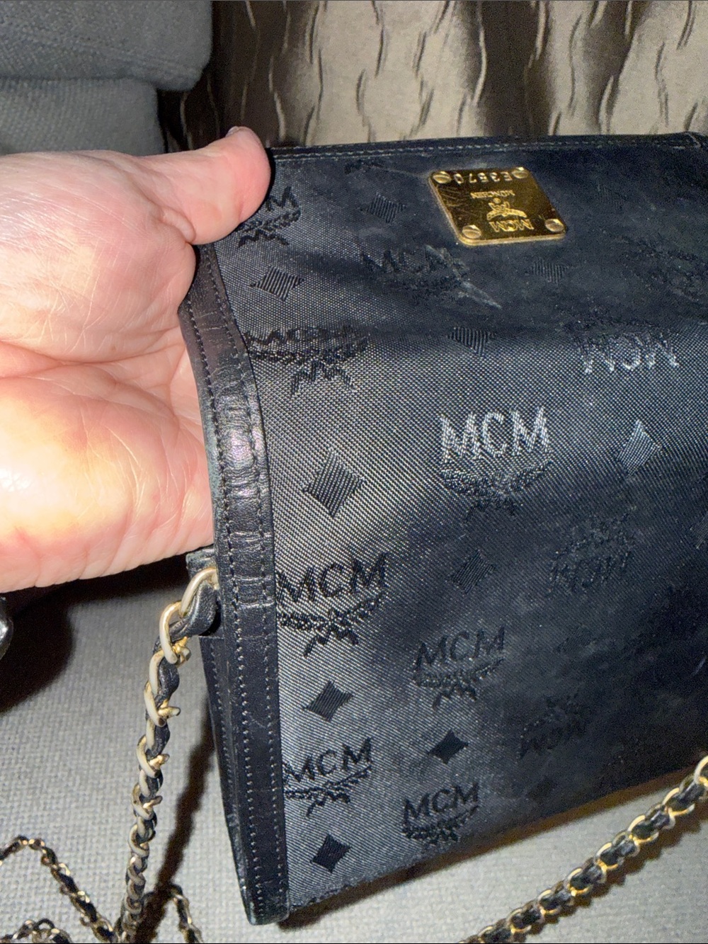 MCM Black Monogram Chain Shoulder Bag Clutch with Gold Plate - Picture 6 of 12